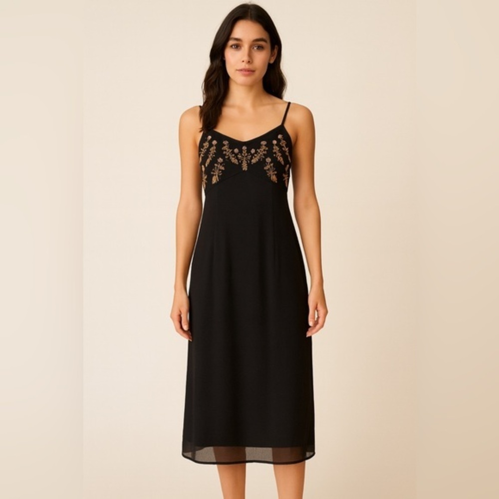Chaudry Women's Black Mesh Overlay Embroidered Sleeveless Dress NWT 10 #2031